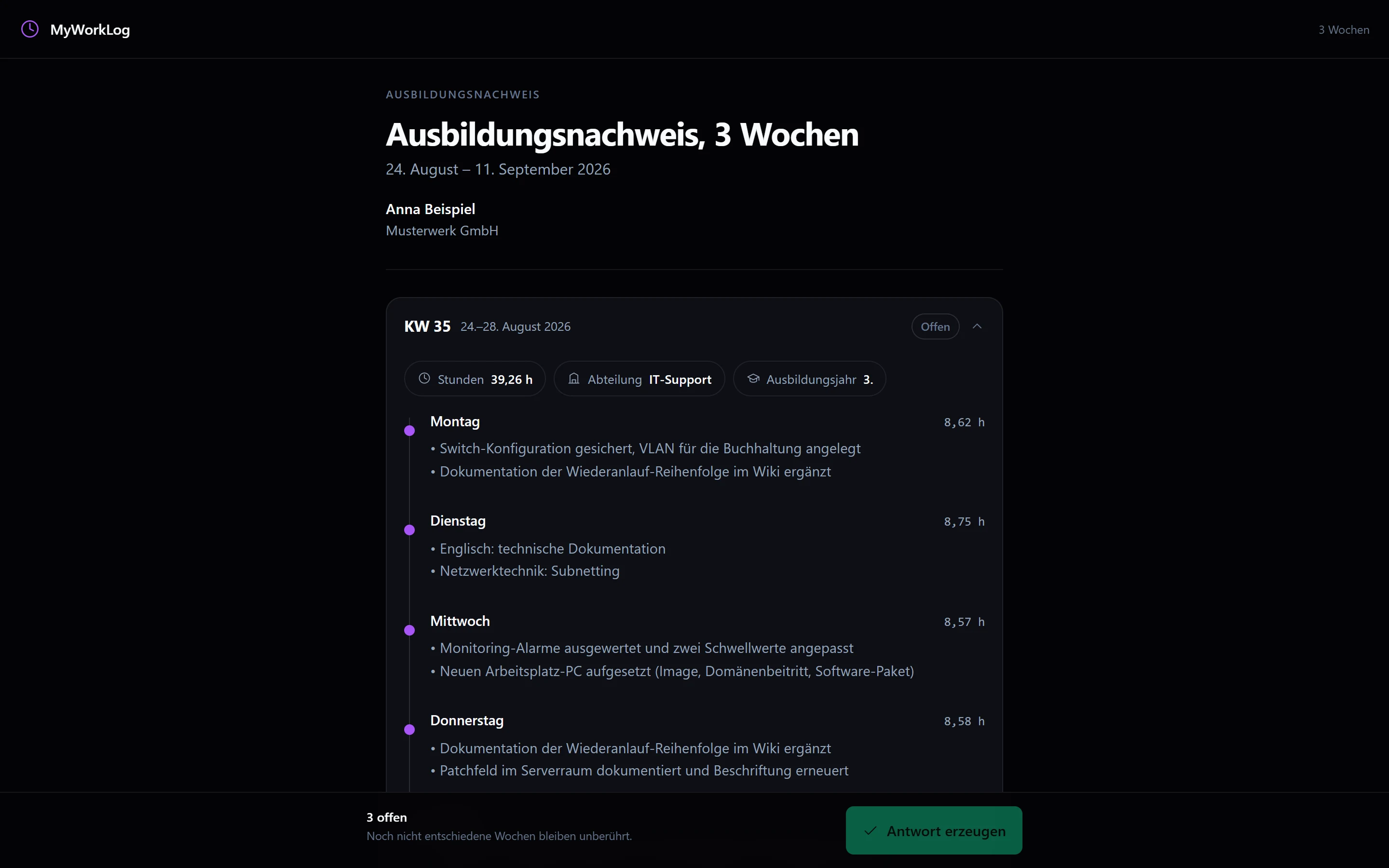 Link-Ansicht einer Woche: Zeitraum, Name und Betrieb des Azubis, darunter die Tage mit Tätigkeiten und Stunden, unten die Leiste zum Antworten