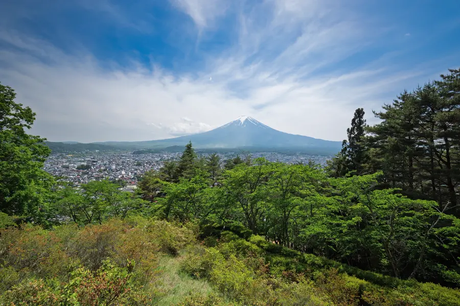 View across green hills to Mount Fuji under clouds