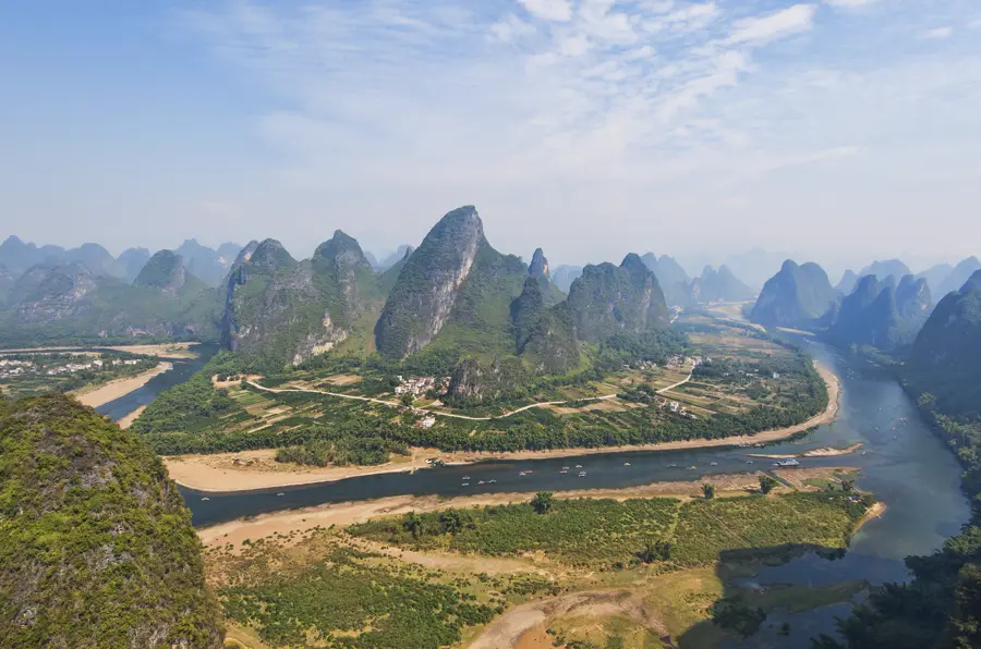 The Li River winding between karst hills near Yangshuo