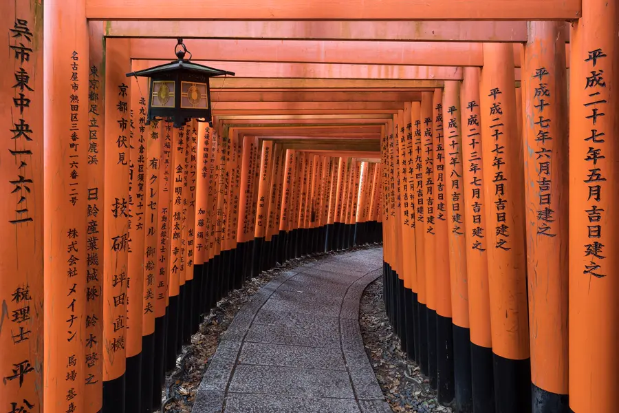 A path through densely packed red torii gates with a lantern at Fushimi Inari, Kyoto