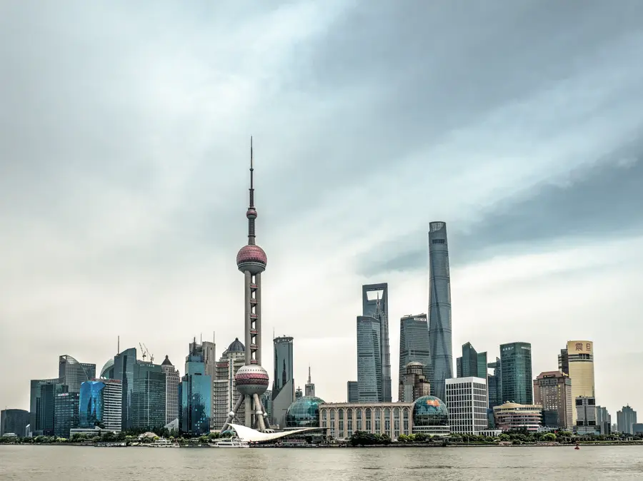 The Pudong skyline in Shanghai from the waterfront, by day
