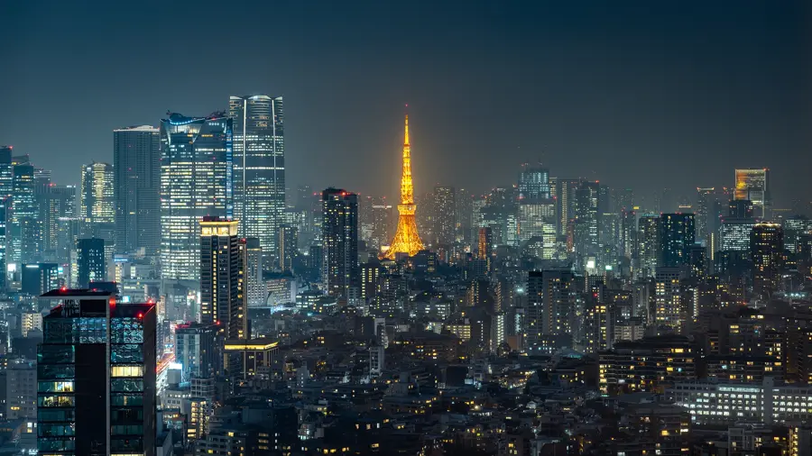 Tokyo at night from above, Tokyo Tower glowing in the middle