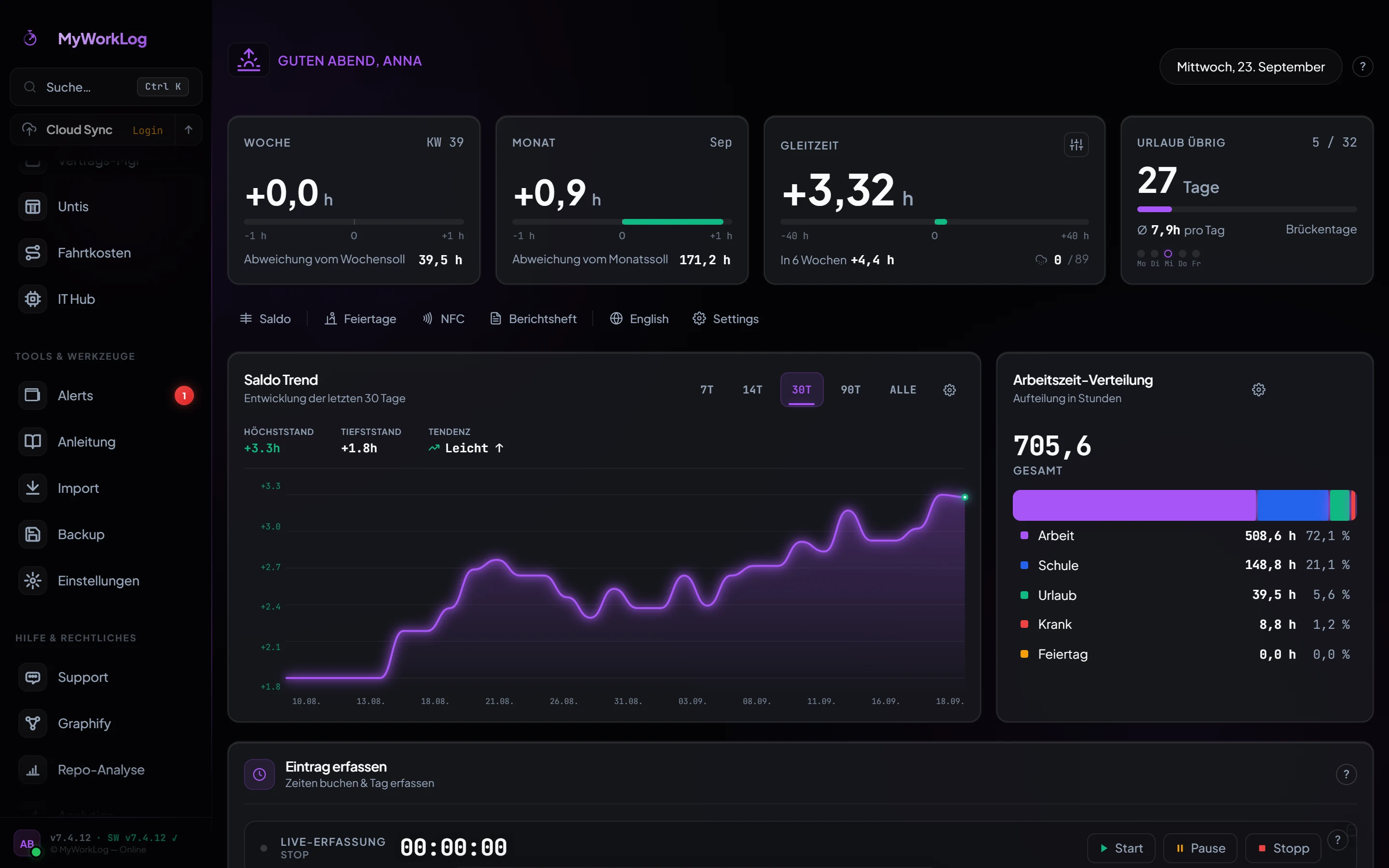MyWorkLog with the sidebar, including the Import entry